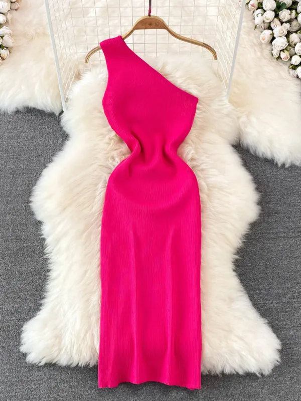 Lyla New Fashionable Slanted Shoulder Solid Color Slim Elastic Slim Fit Hip-Hugging Knitted Dress