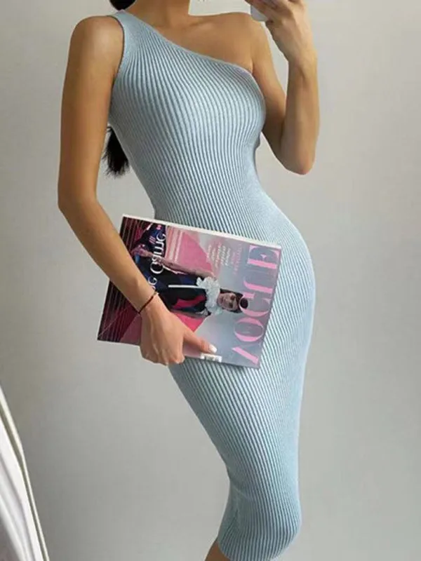 Lyla New Fashionable Slanted Shoulder Solid Color Slim Elastic Slim Fit Hip-Hugging Knitted Dress