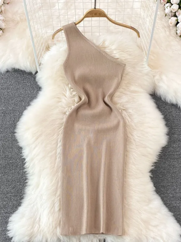 Lyla New Fashionable Slanted Shoulder Solid Color Slim Elastic Slim Fit Hip-Hugging Knitted Dress