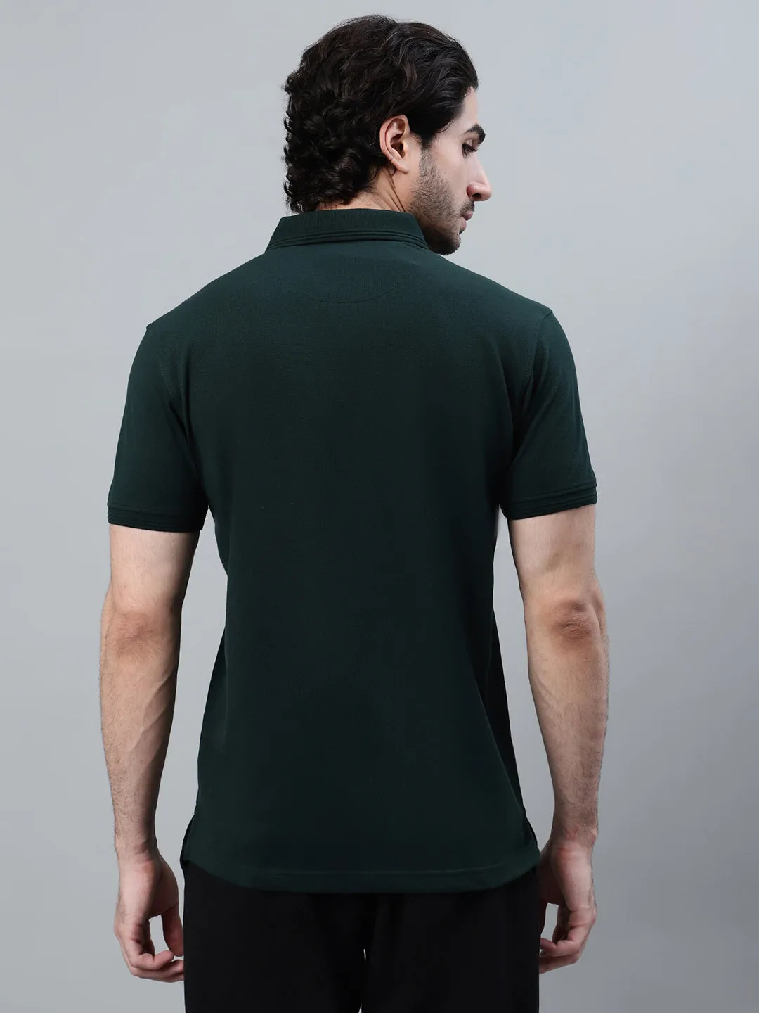 Men's Dark Green Color Block Polo Neck T-shirt