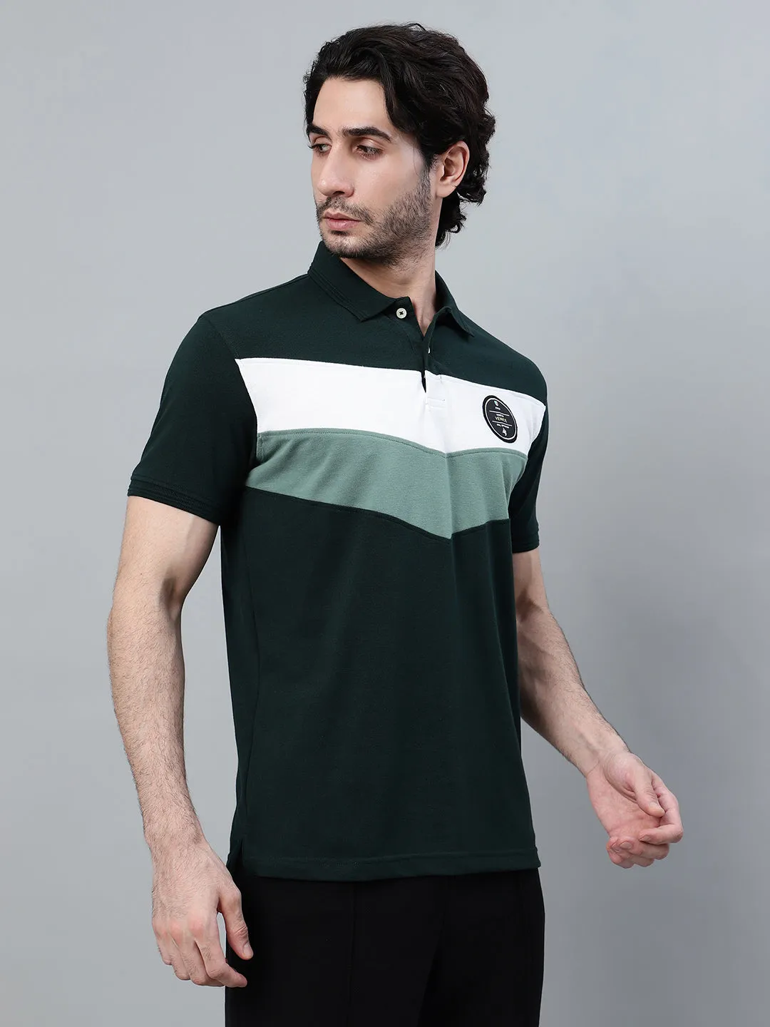 Men's Dark Green Color Block Polo Neck T-shirt
