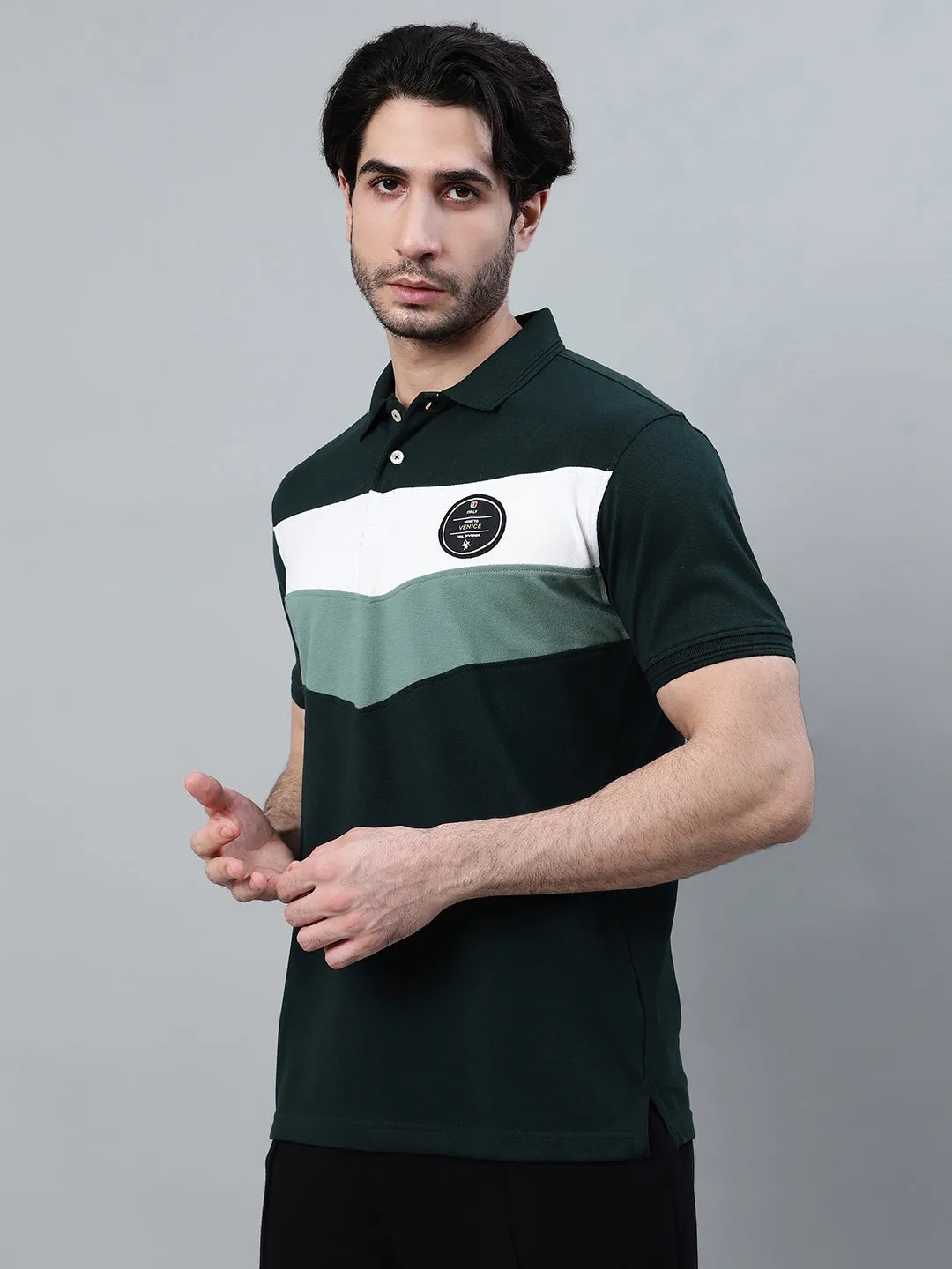 Men's Dark Green Color Block Polo Neck T-shirt