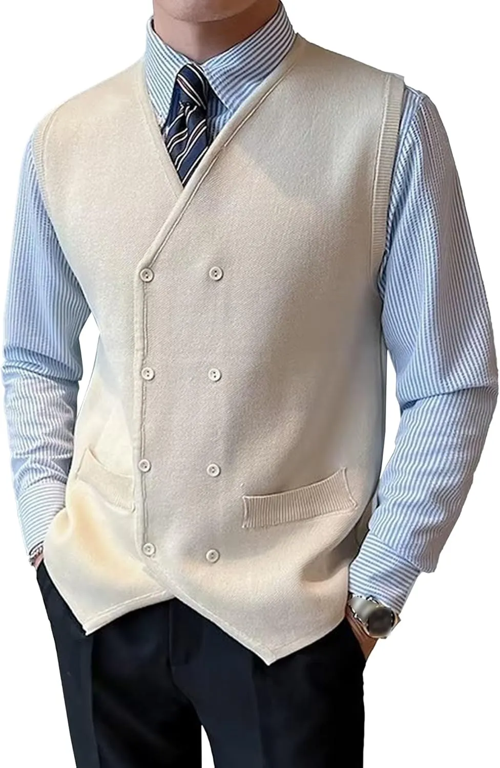 Mens Double Breasted Sleeveless Sweater V-Neck Knitted Cardigan Tank Top Casual Slim Fit Vest with Pockets