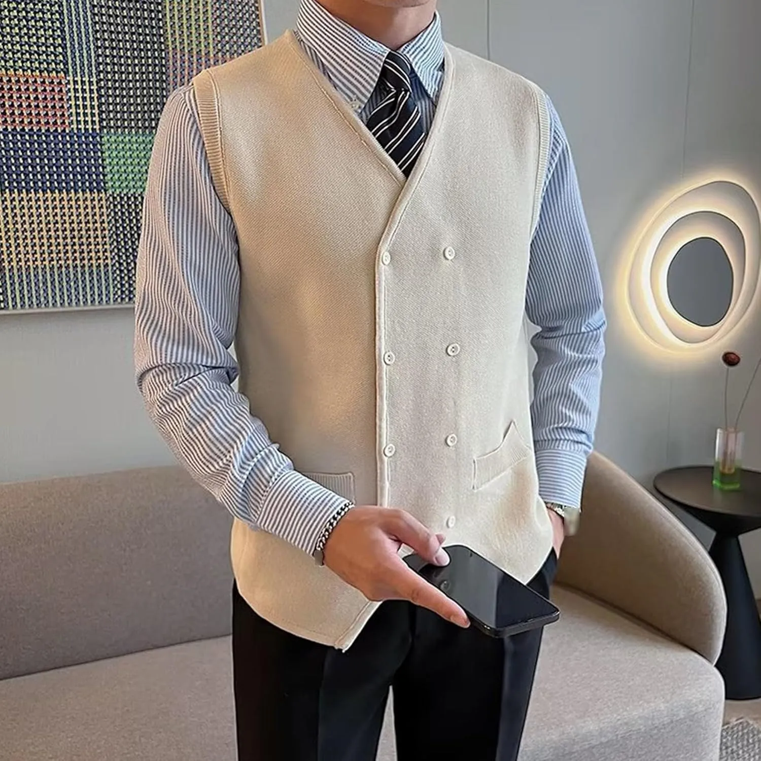 Mens Double Breasted Sleeveless Sweater V-Neck Knitted Cardigan Tank Top Casual Slim Fit Vest with Pockets