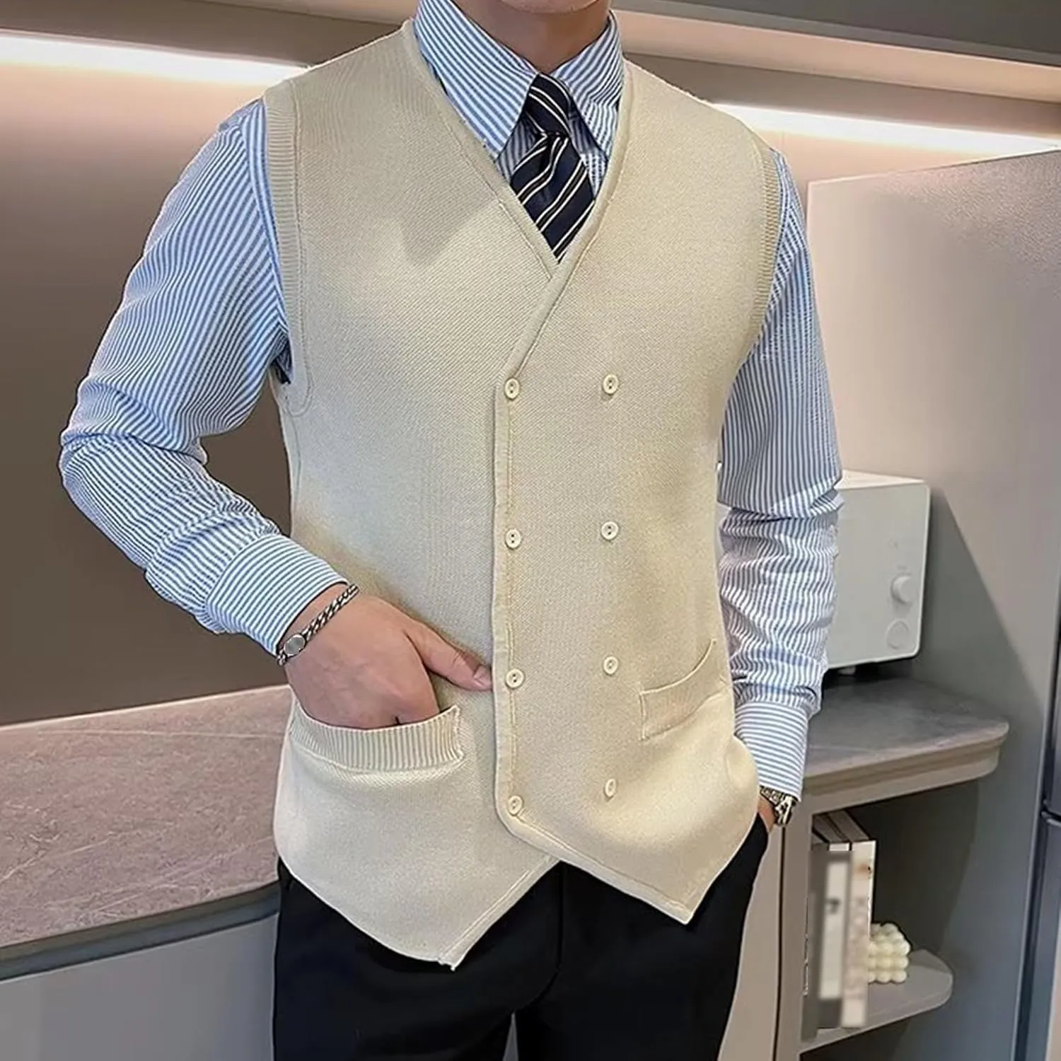 Mens Double Breasted Sleeveless Sweater V-Neck Knitted Cardigan Tank Top Casual Slim Fit Vest with Pockets