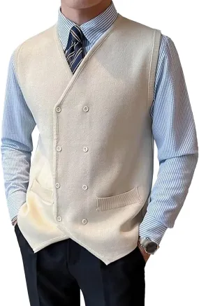 Mens Double Breasted Sleeveless Sweater V-Neck Knitted Cardigan Tank Top Casual Slim Fit Vest with Pockets