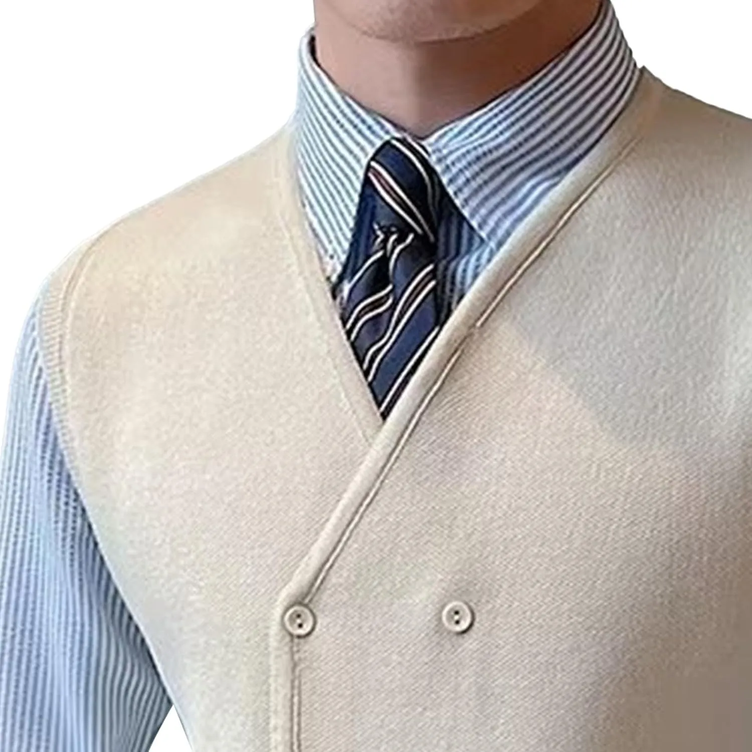 Mens Double Breasted Sleeveless Sweater V-Neck Knitted Cardigan Tank Top Casual Slim Fit Vest with Pockets