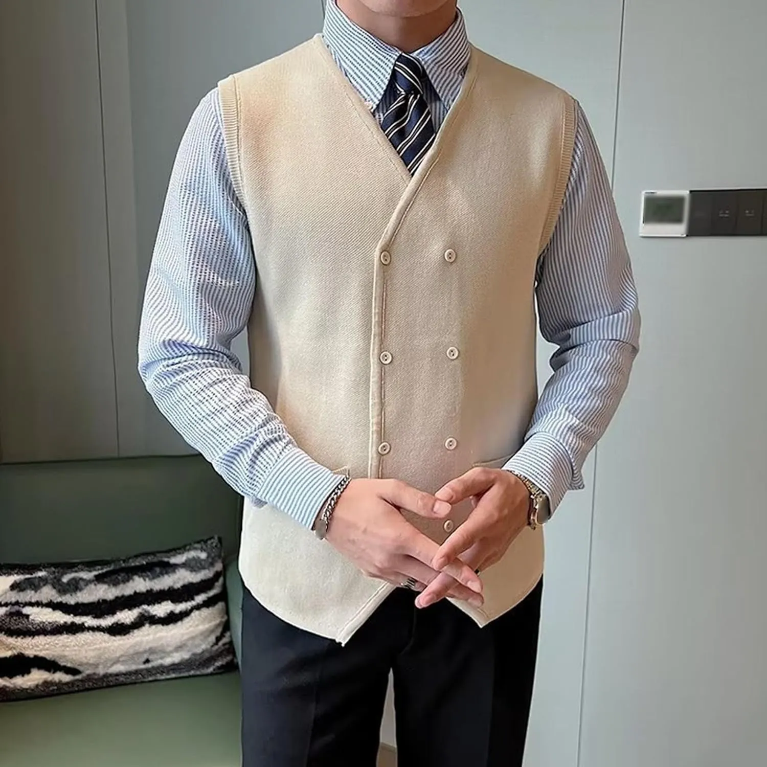 Mens Double Breasted Sleeveless Sweater V-Neck Knitted Cardigan Tank Top Casual Slim Fit Vest with Pockets