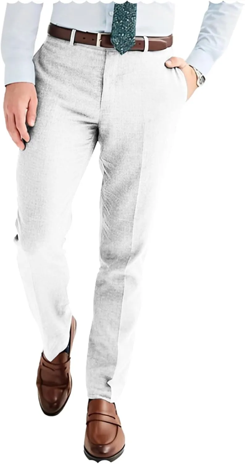 Men's Linen Blend Dress Pants Slim Fit Flat Front Wedding Beach Trousers Lightweight & Comfortable