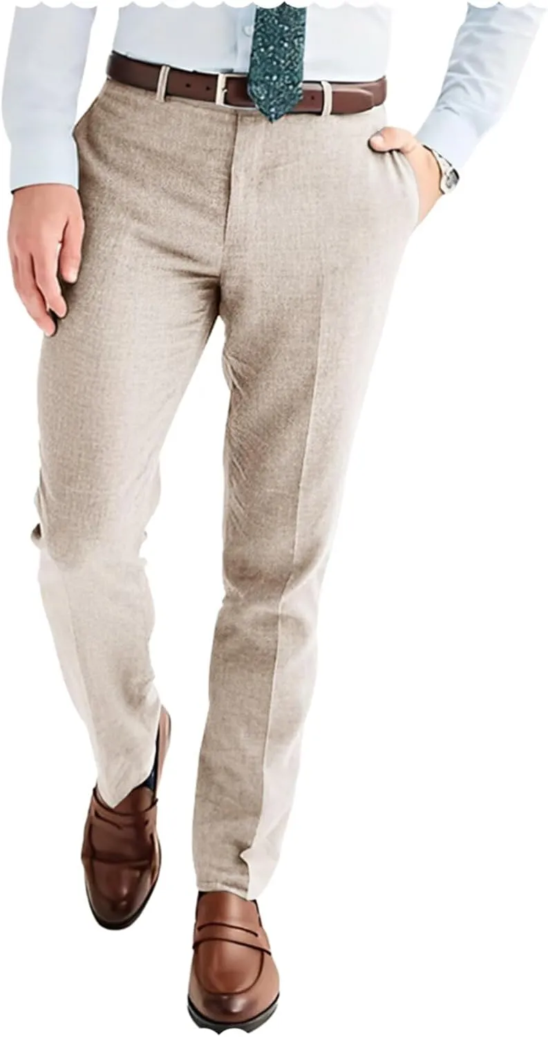 Men's Linen Blend Dress Pants Slim Fit Flat Front Wedding Beach Trousers Lightweight & Comfortable