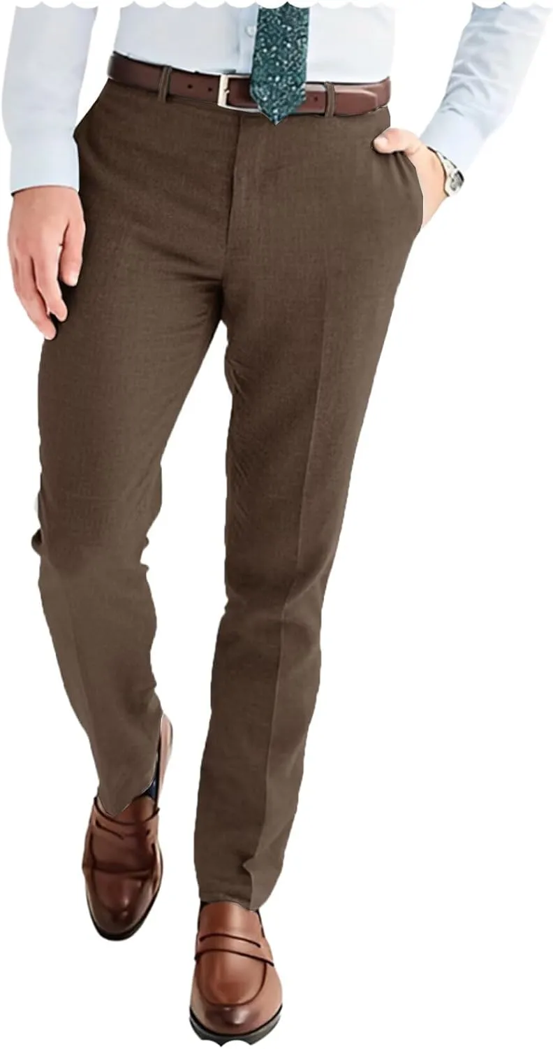 Men's Linen Blend Dress Pants Slim Fit Flat Front Wedding Beach Trousers Lightweight & Comfortable
