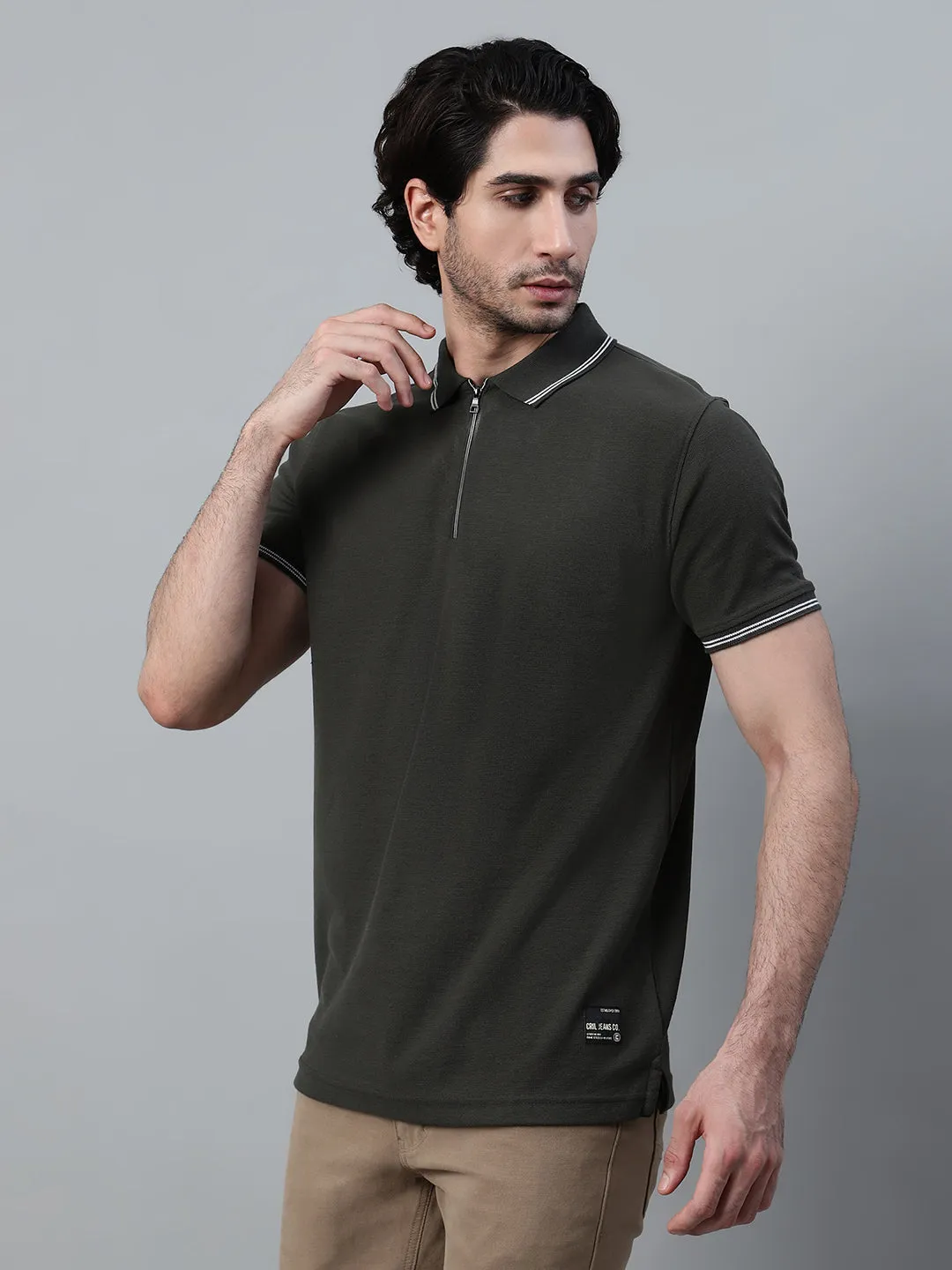 Men's Olive Green Solid Polo Neck Half Sleeve T-shirt