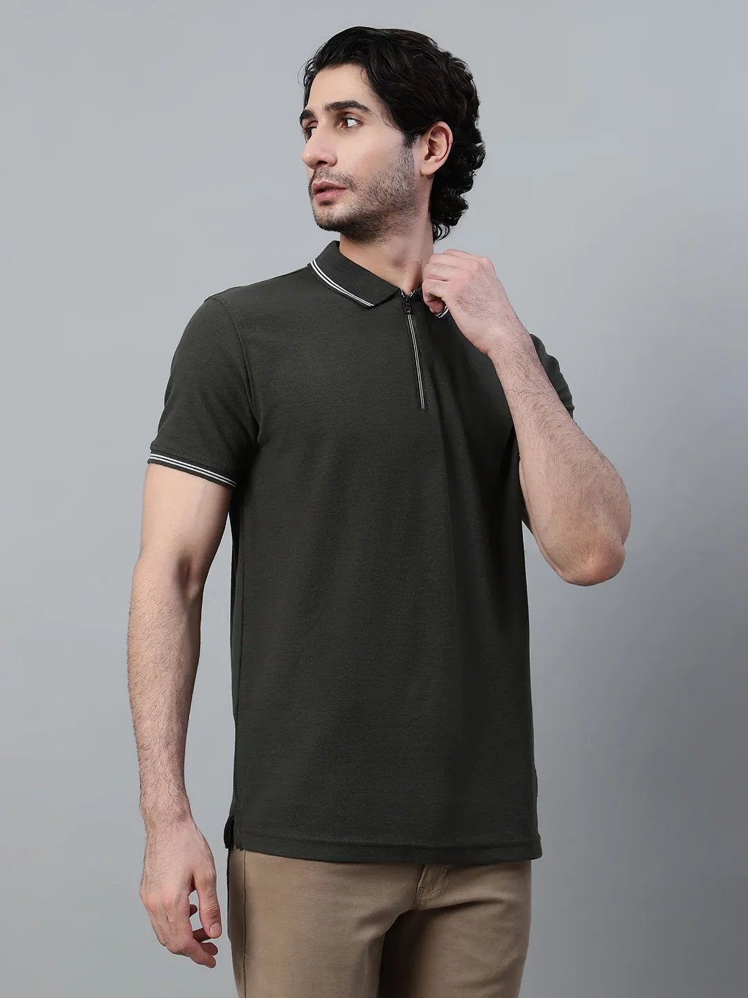 Men's Olive Green Solid Polo Neck Half Sleeve T-shirt
