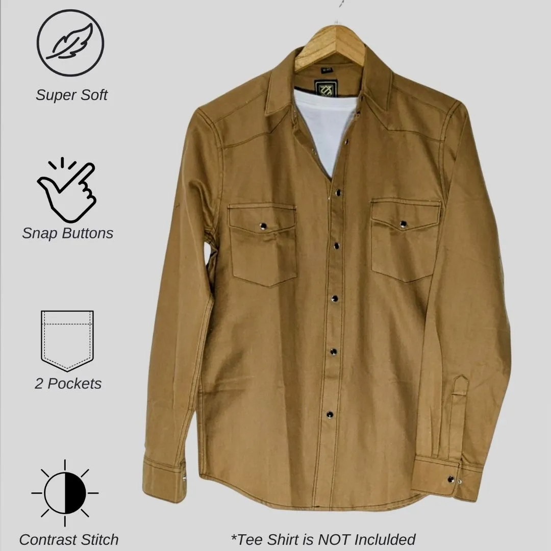 Men's Tan Colour Western Shirt in Twill Cotton with Western Yoke