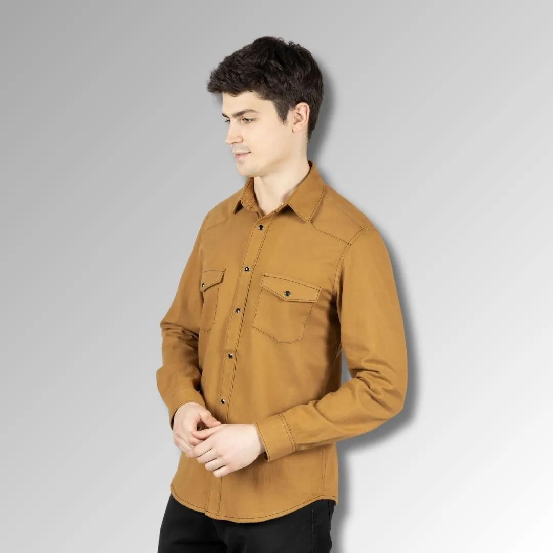Men's Tan Colour Western Shirt in Twill Cotton with Western Yoke