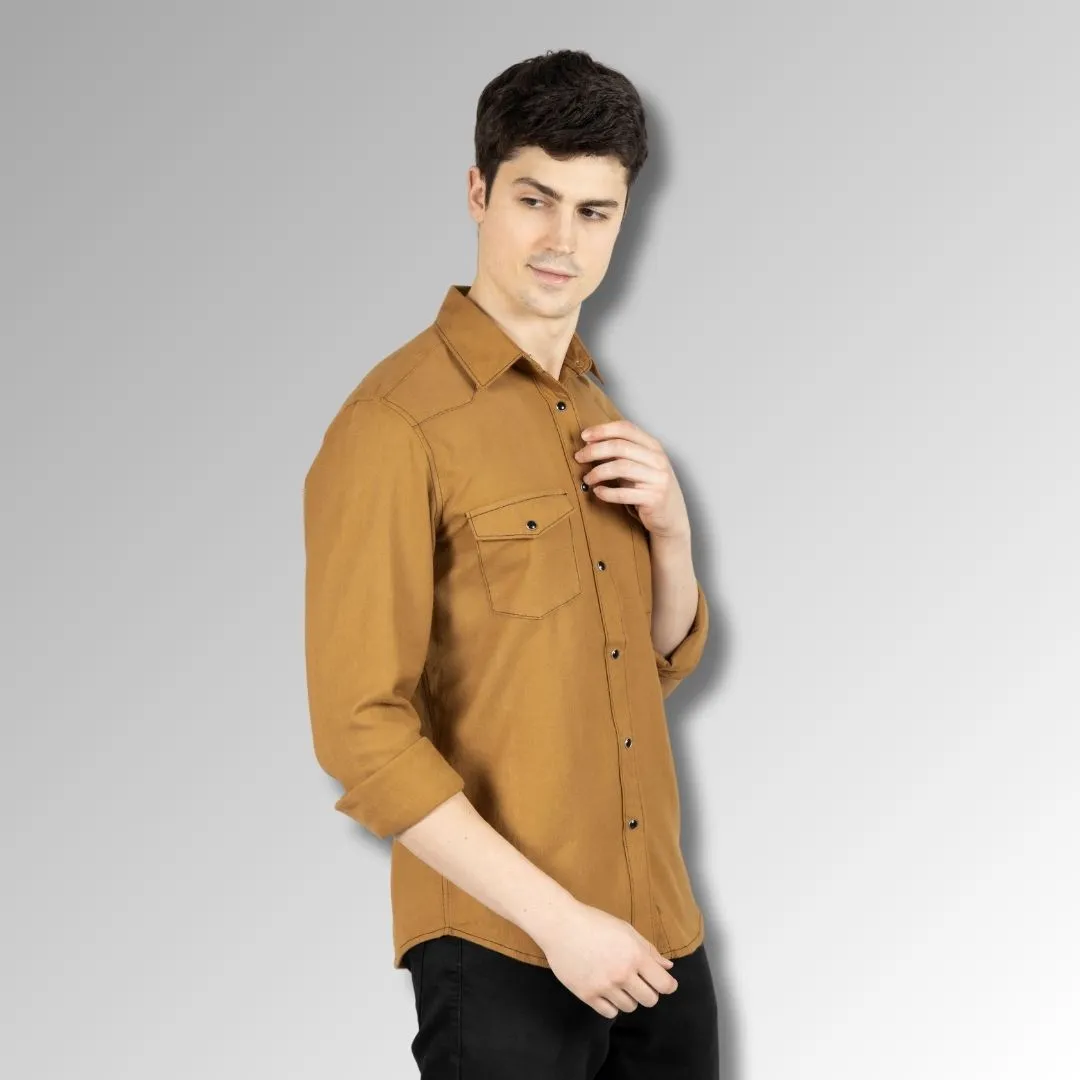 Men's Tan Colour Western Shirt in Twill Cotton with Western Yoke