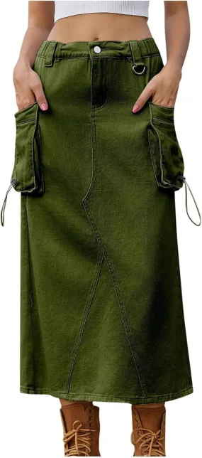 Midi Cargo Skirts for Women Casual High Waist Stretch Button Denim Skirts Trendy Pencil Skirt with Multi Pockets