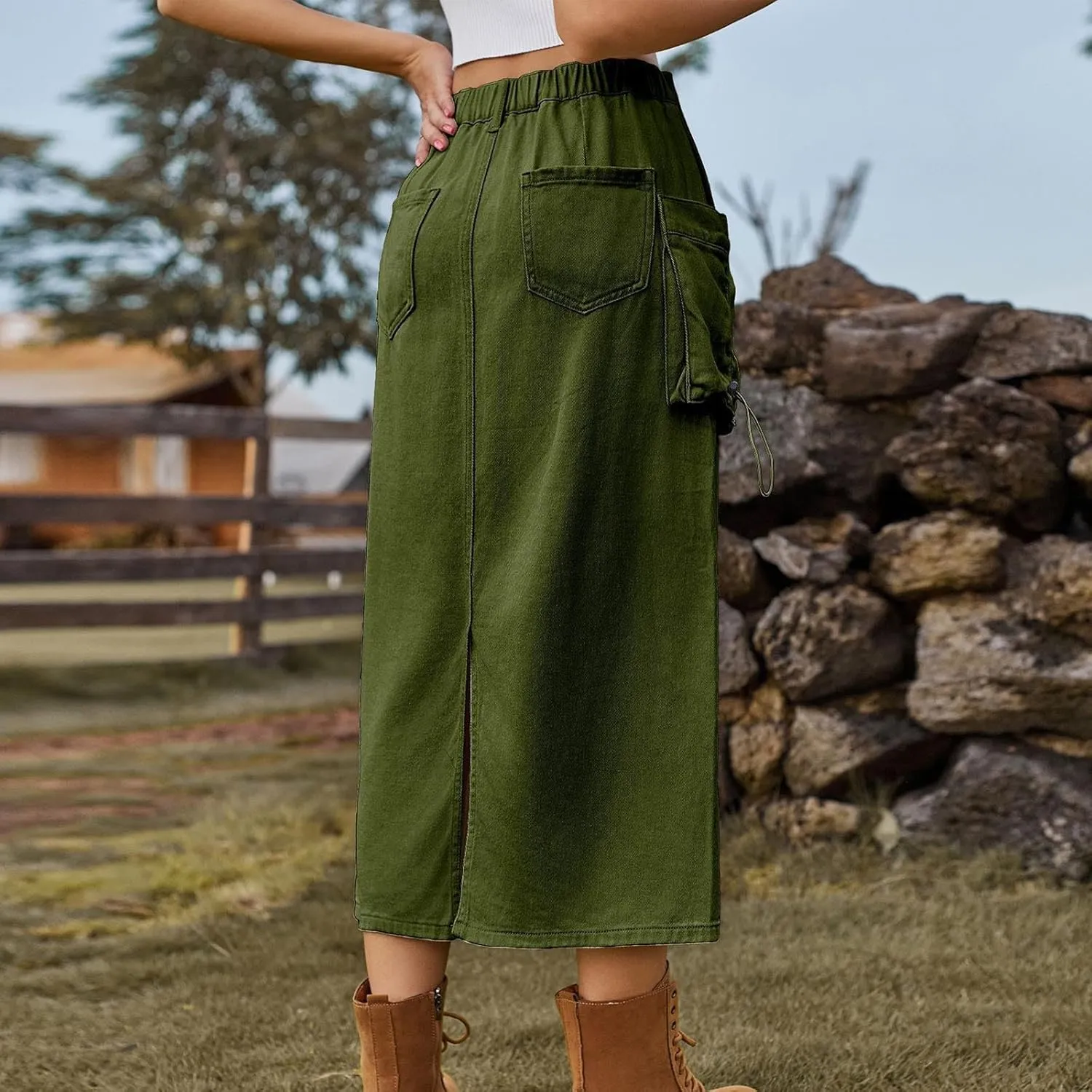 Midi Cargo Skirts for Women Casual High Waist Stretch Button Denim Skirts Trendy Pencil Skirt with Multi Pockets