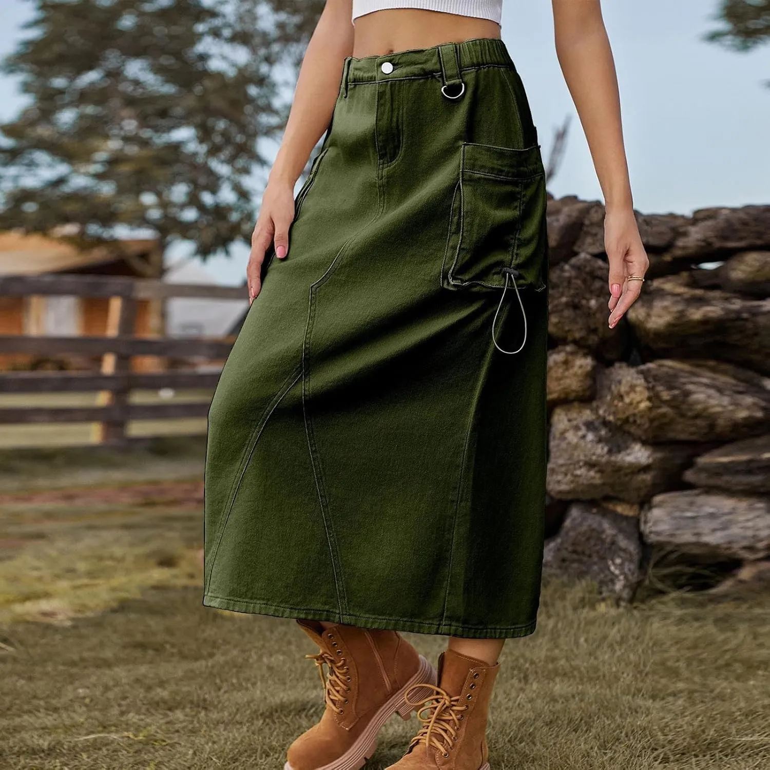Midi Cargo Skirts for Women Casual High Waist Stretch Button Denim Skirts Trendy Pencil Skirt with Multi Pockets