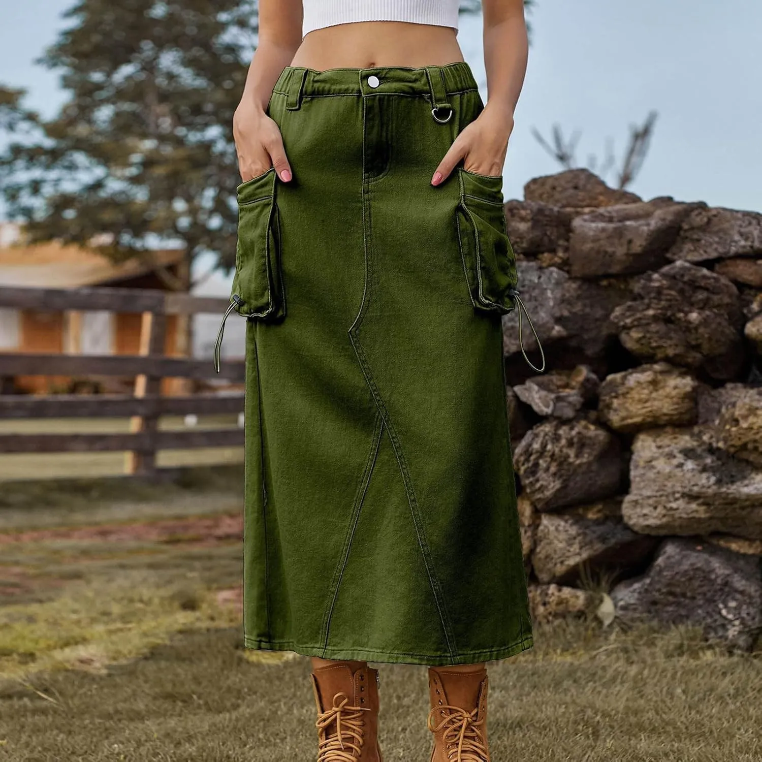 Midi Cargo Skirts for Women Casual High Waist Stretch Button Denim Skirts Trendy Pencil Skirt with Multi Pockets