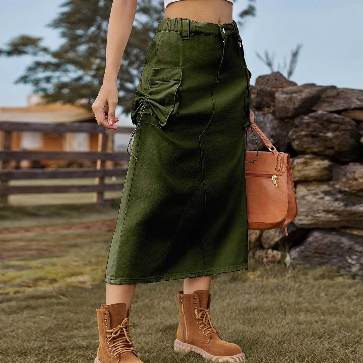 Midi Cargo Skirts for Women Casual High Waist Stretch Button Denim Skirts Trendy Pencil Skirt with Multi Pockets