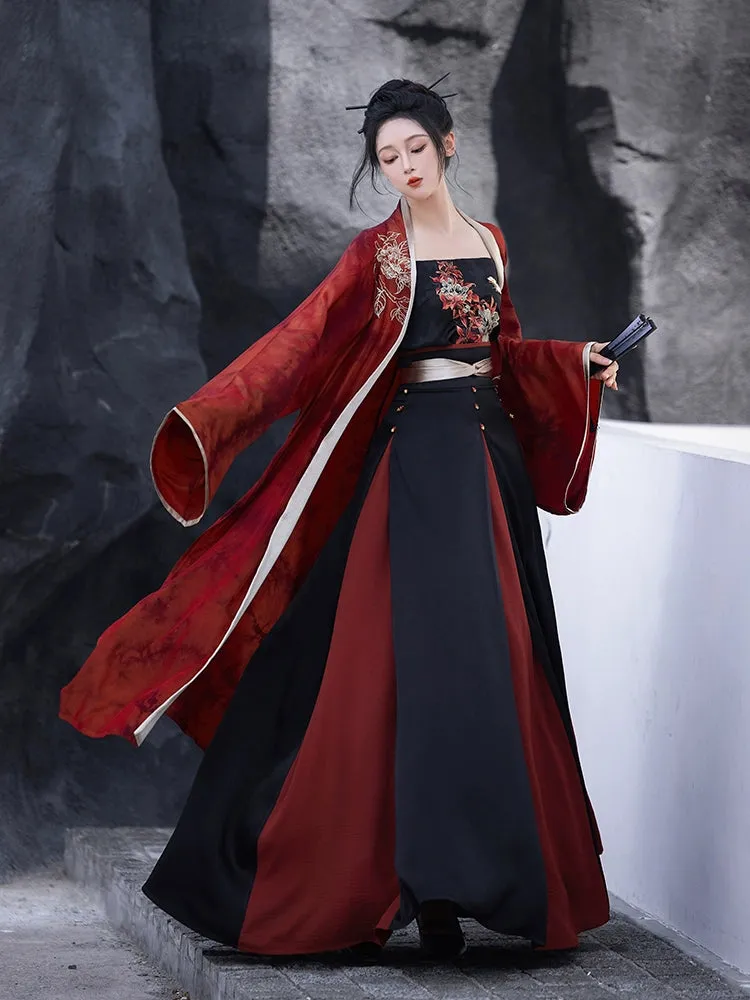 Modern horse-faced skirt from Song Dynasty | Hanfu red & black skirt
