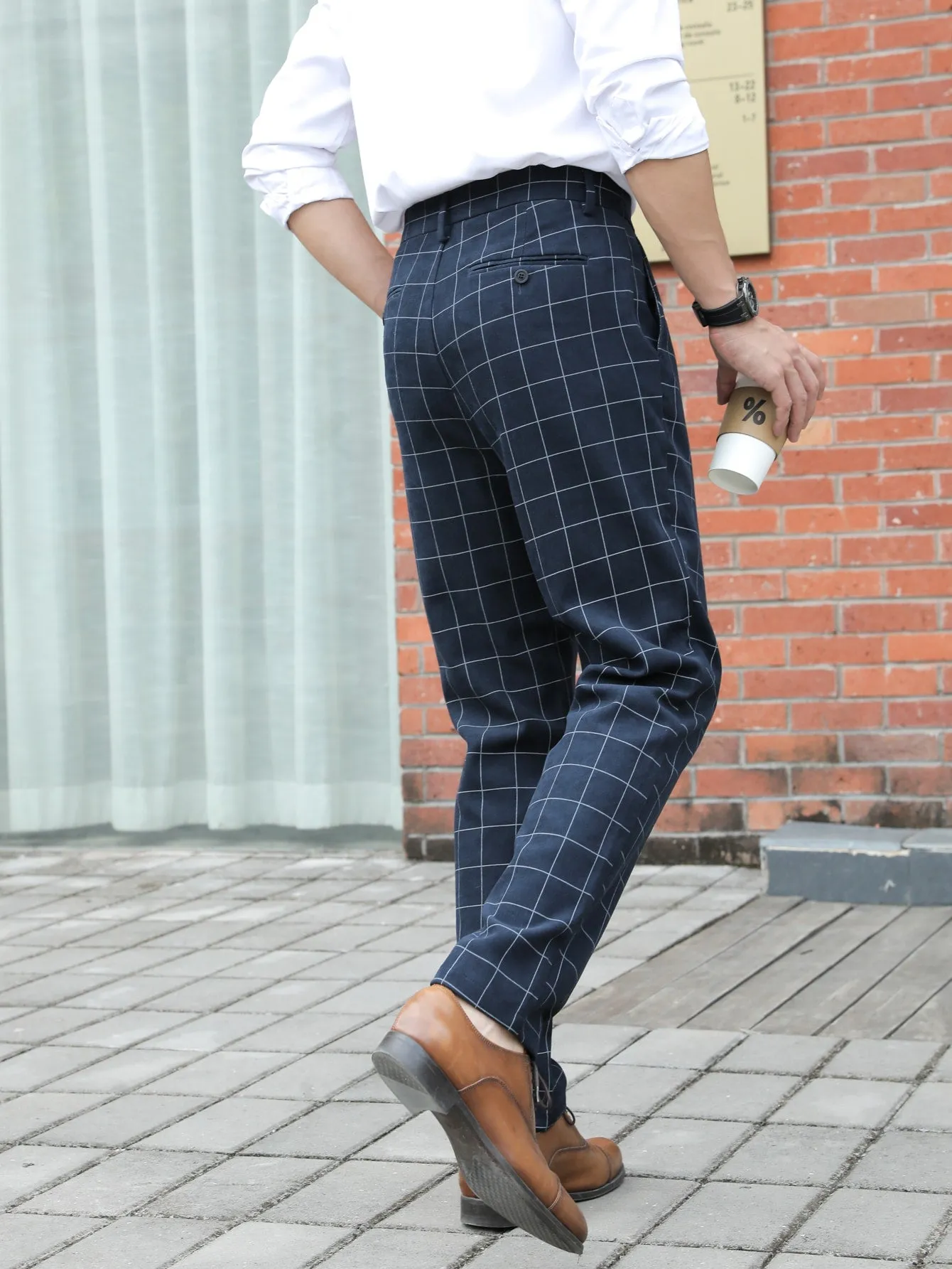 Navy Blue Grid Print Zipper Fly Tailored Trousers