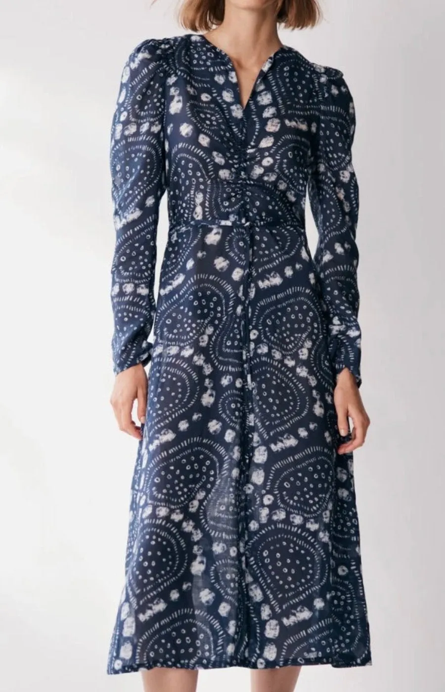 Navy V-neckline Printed Midi Dress