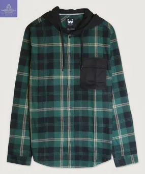 Plaid Hooded Shirt with Contrast Pockets