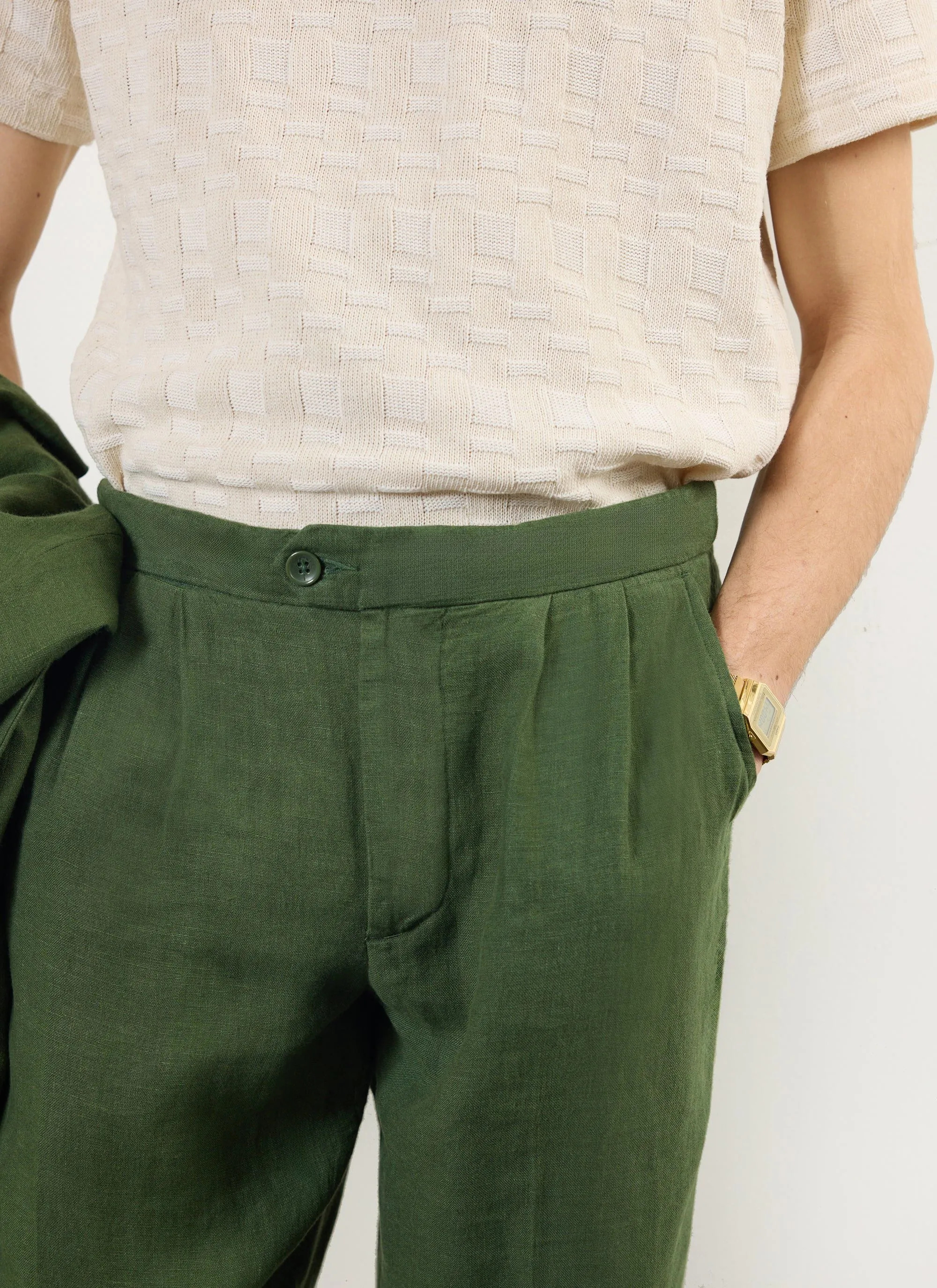 Pleated Tailored Trousers | Linen | Forest