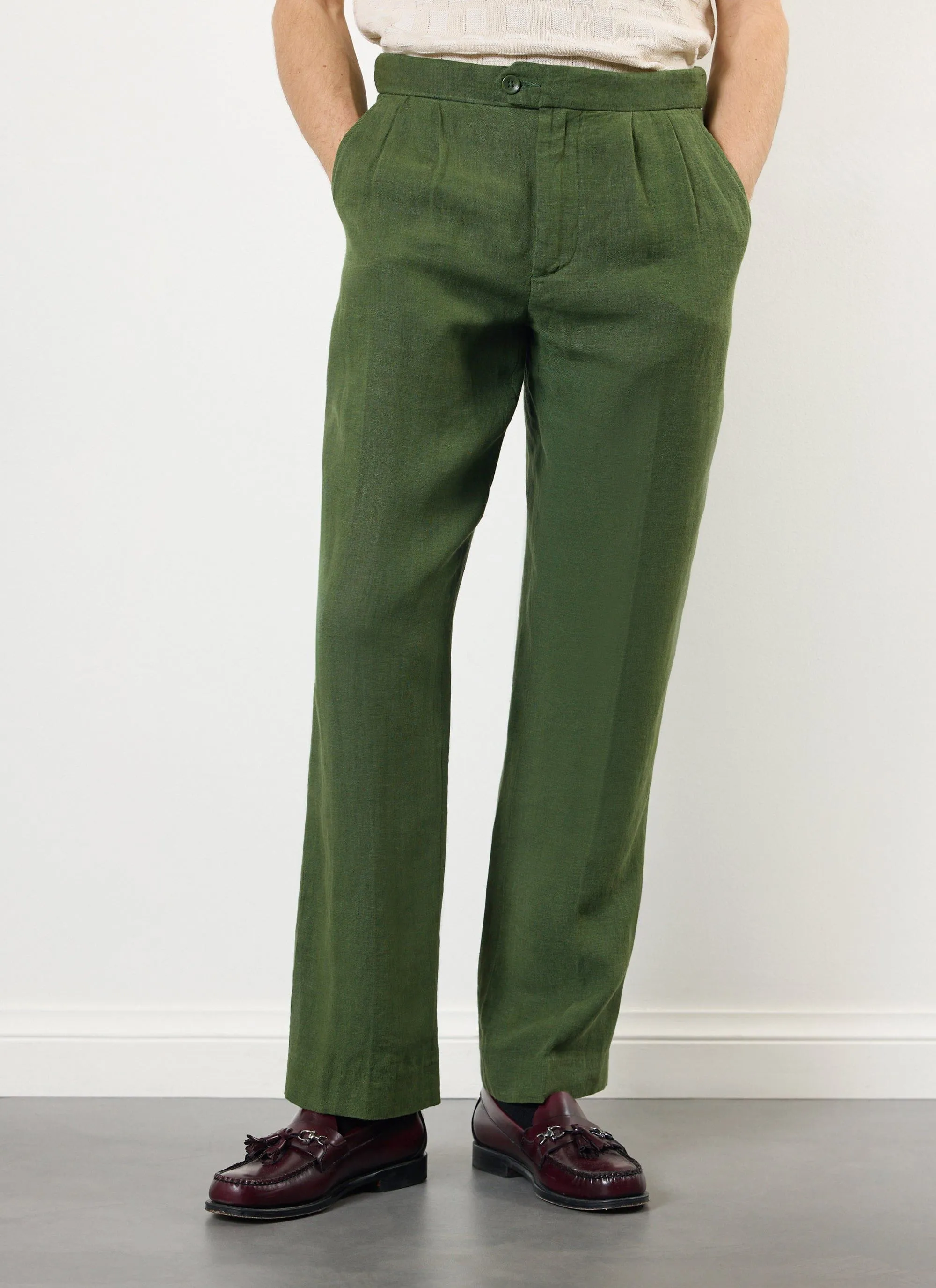 Pleated Tailored Trousers | Linen | Forest
