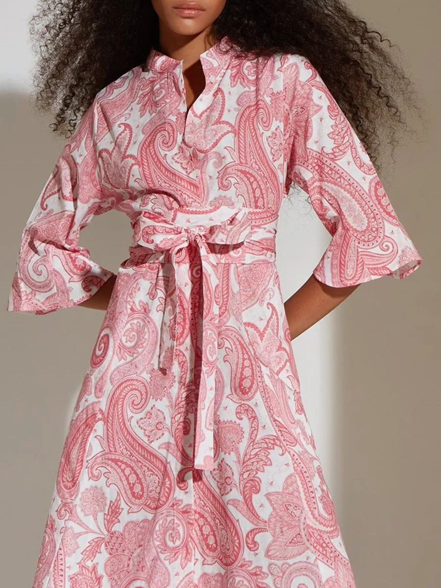 Printed Belt Maxi Shirt Dress