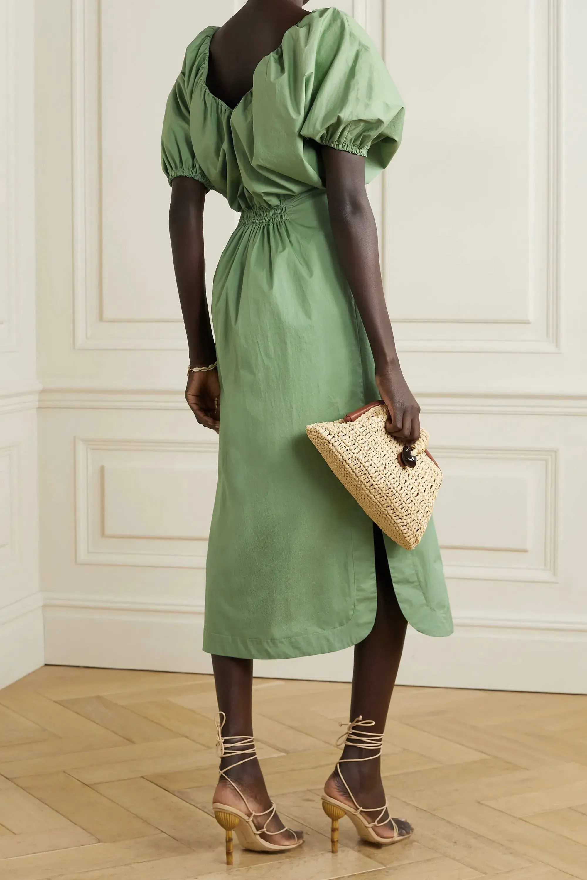 Puff Sleeve Cutout Cotton-blend Poplin Midi Pencil Casual Dress