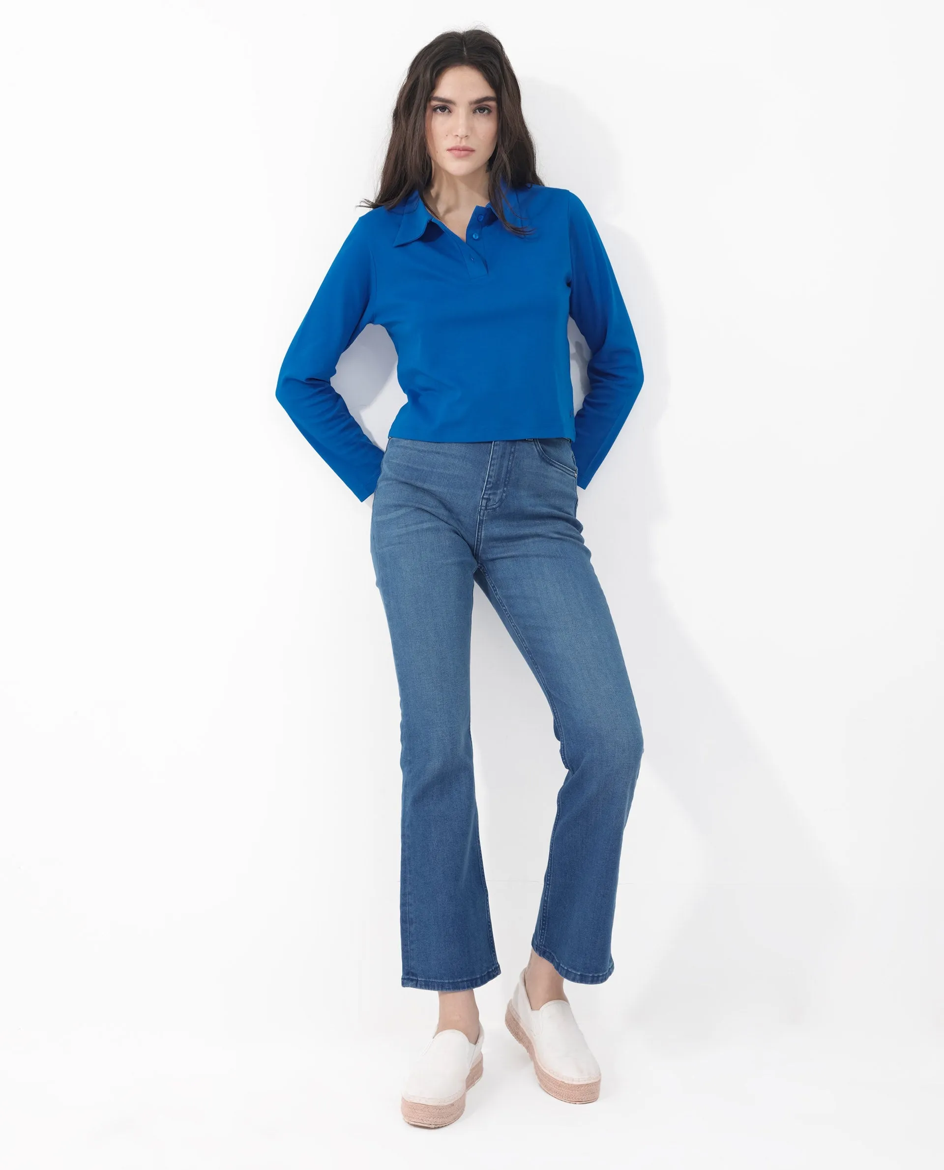 Rareism Women Gojo Blue Cotton Fabric Full Sleeve Collared Neck Button Closure Solid Regular Fit Top