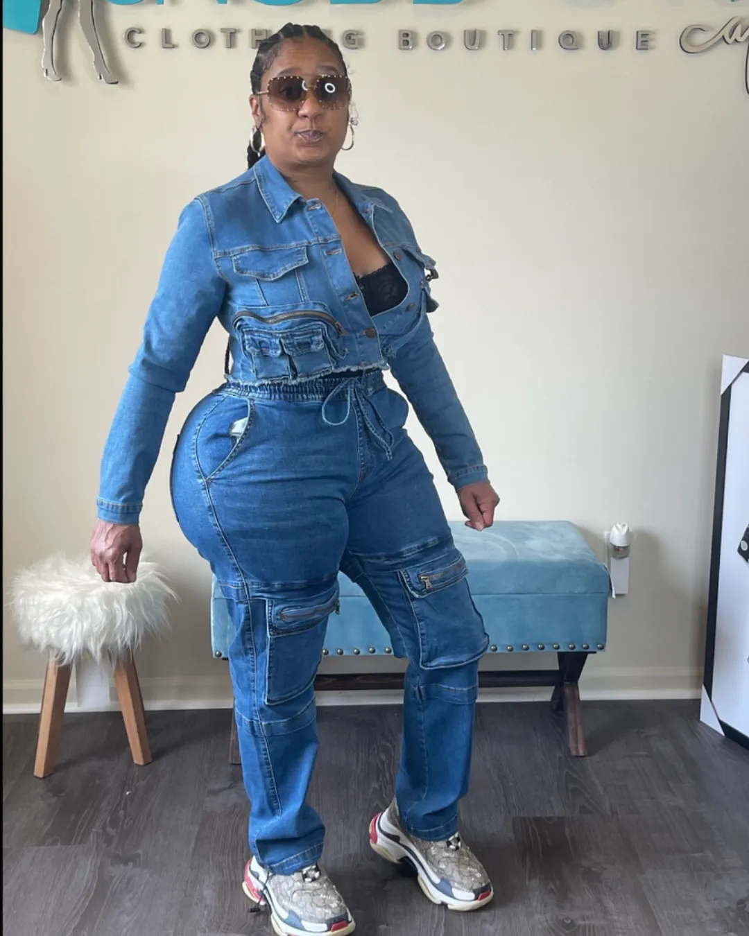 SNOB Navy DENIM High Waist Stretchy Jean Set-Dark Blue