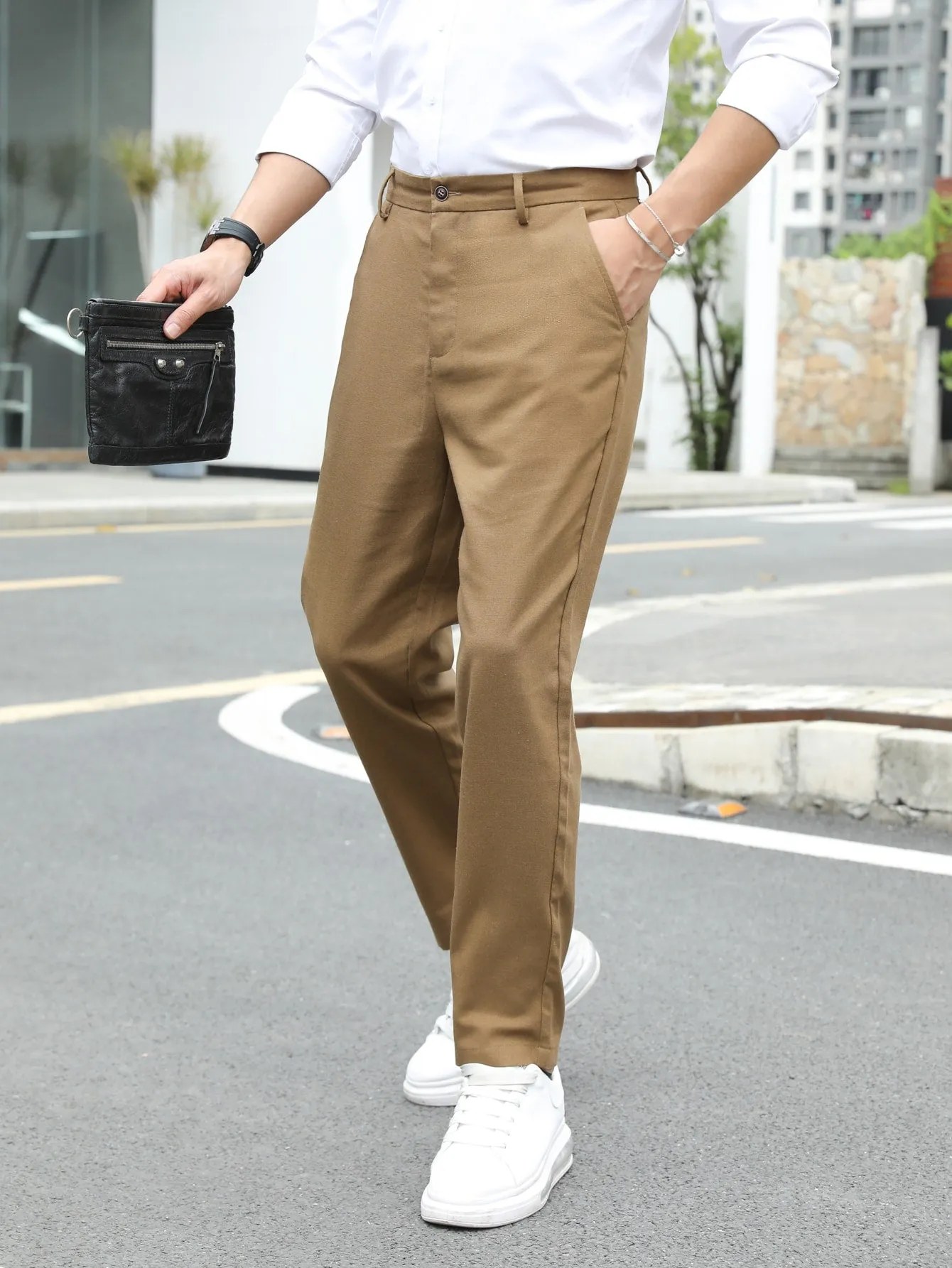 Solid Slant Pockets Zipper Fly Tailored Linen Trousers