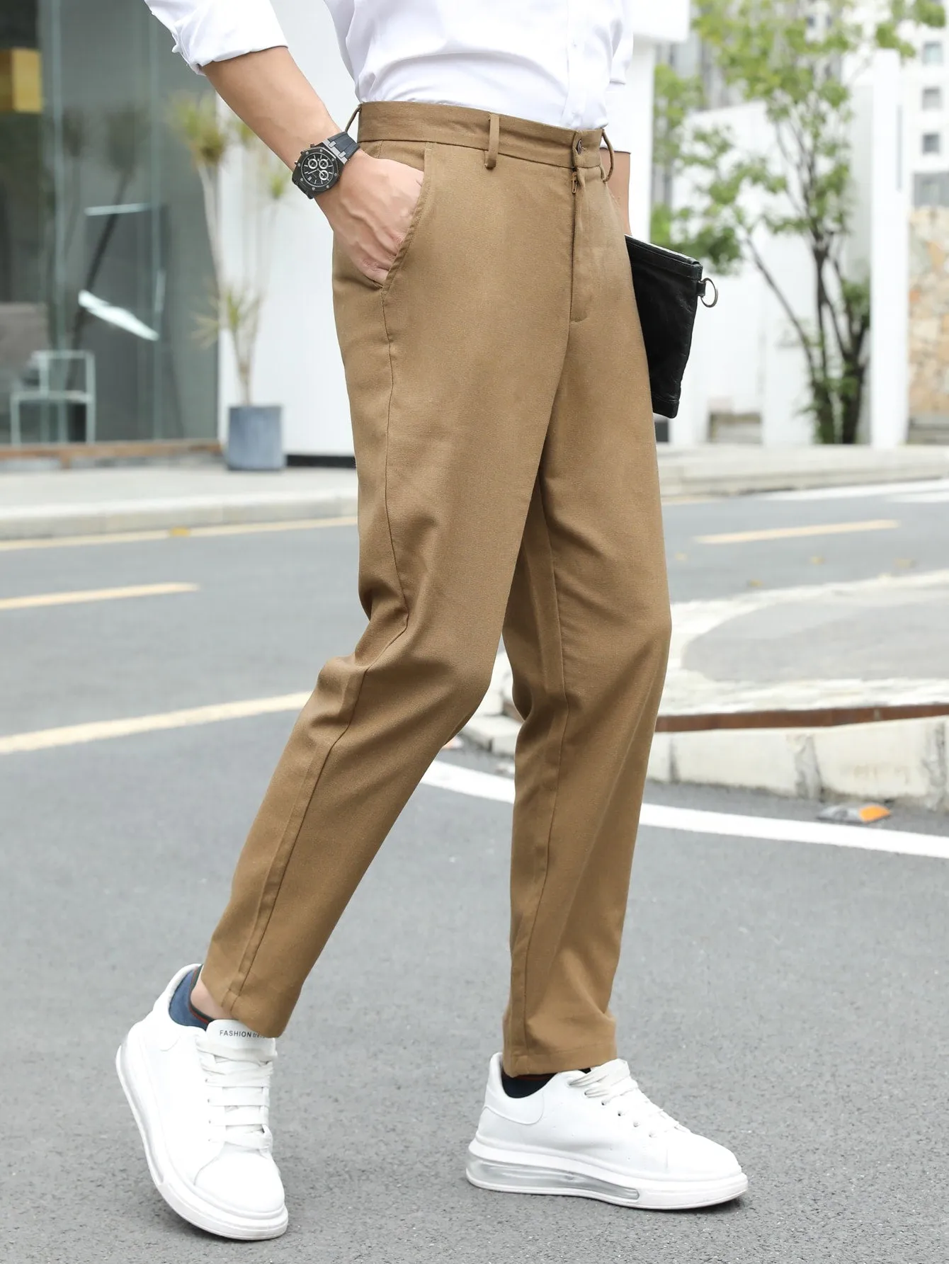 Solid Slant Pockets Zipper Fly Tailored Linen Trousers