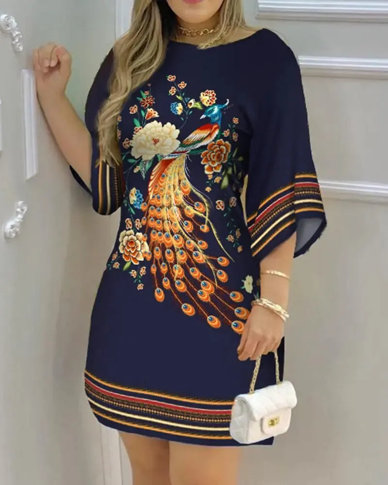 Spring Fashion Peacock Print Loose Dress