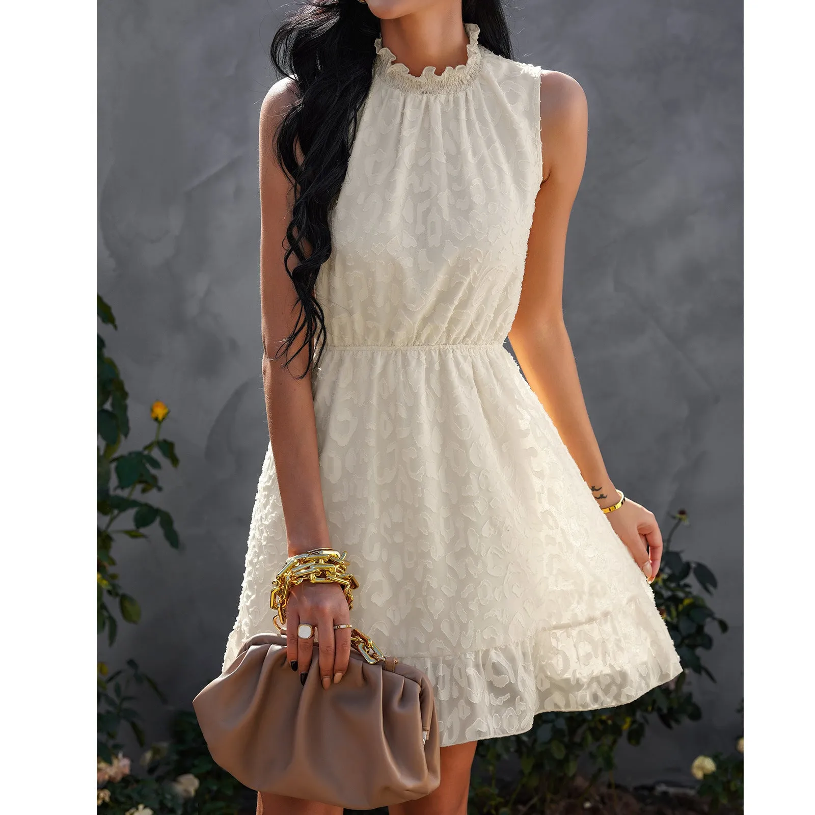 Stand Collar Ruffle Sleeveless Mini Casual Dress
