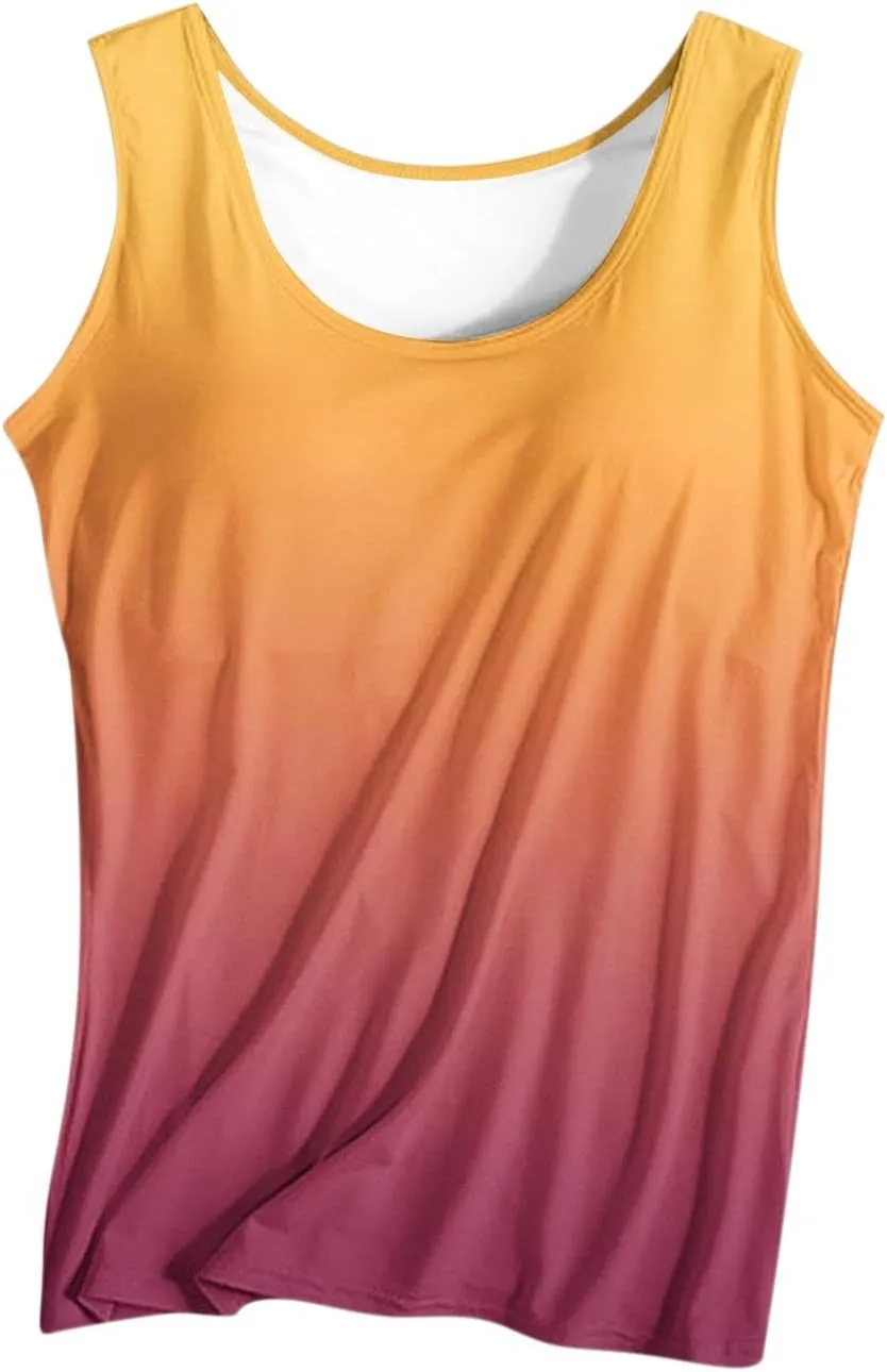 Tank Top with Built in Bra for Women 2025 Summer Gradient Sleeveless Shirts Casual Comfy Basic Camisole Undershirts