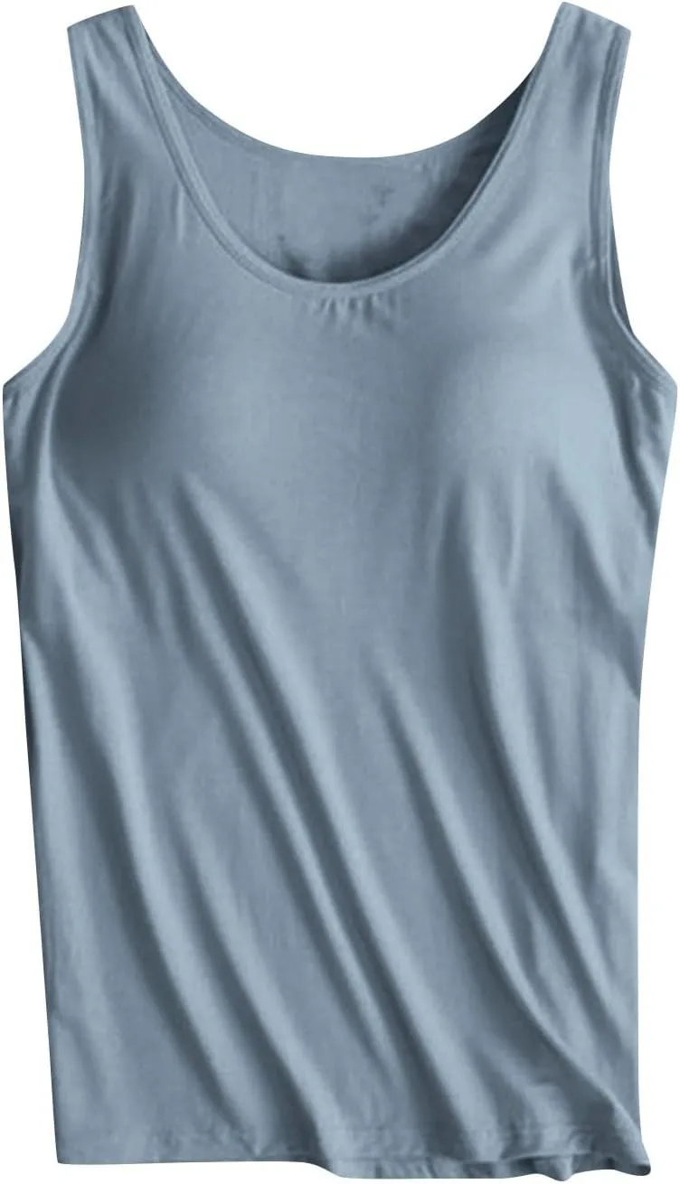 Tank Tops for Women 2025 Built in Bra Solid Color Crewneck Sleeveless Shirts Padded Trendy Casual Comfy Yaga Camisole