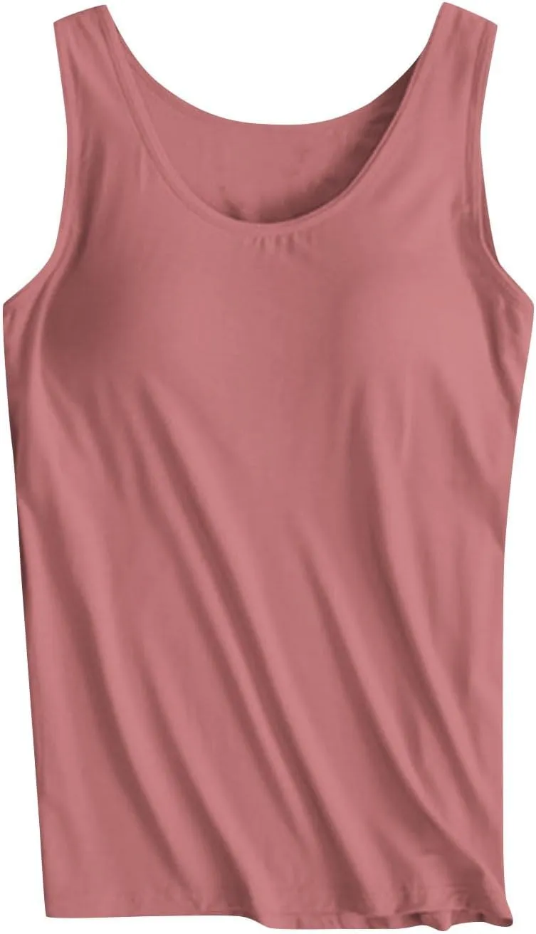 Tank Tops for Women 2025 Built in Bra Solid Color Crewneck Sleeveless Shirts Padded Trendy Casual Comfy Yaga Camisole