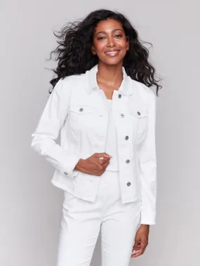 Twill Jean Jacket With Frayed Edges - White