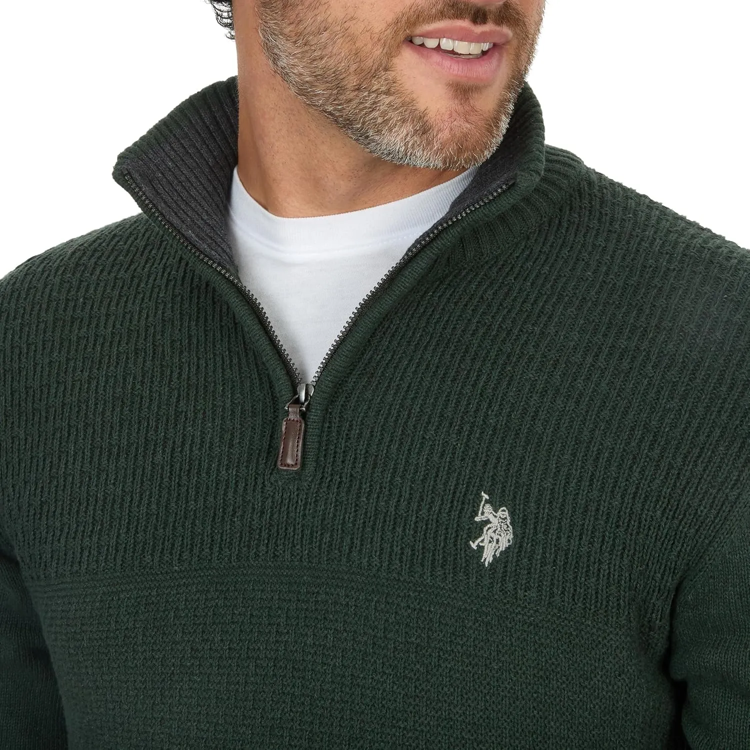 U.S. POLO ASSN. Men's Cable Knit Quarter Zip Textured Ribbed and Collared Pullover Sweater - Classic Solid Color