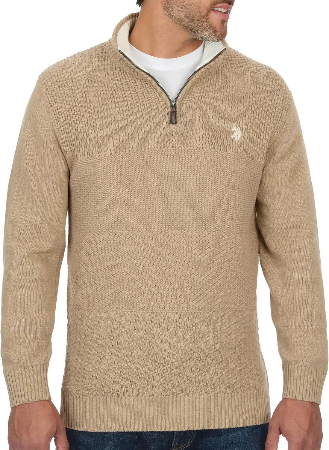 U.S. POLO ASSN. Men's Cable Knit Quarter Zip Textured Ribbed and Collared Pullover Sweater - Classic Solid Color