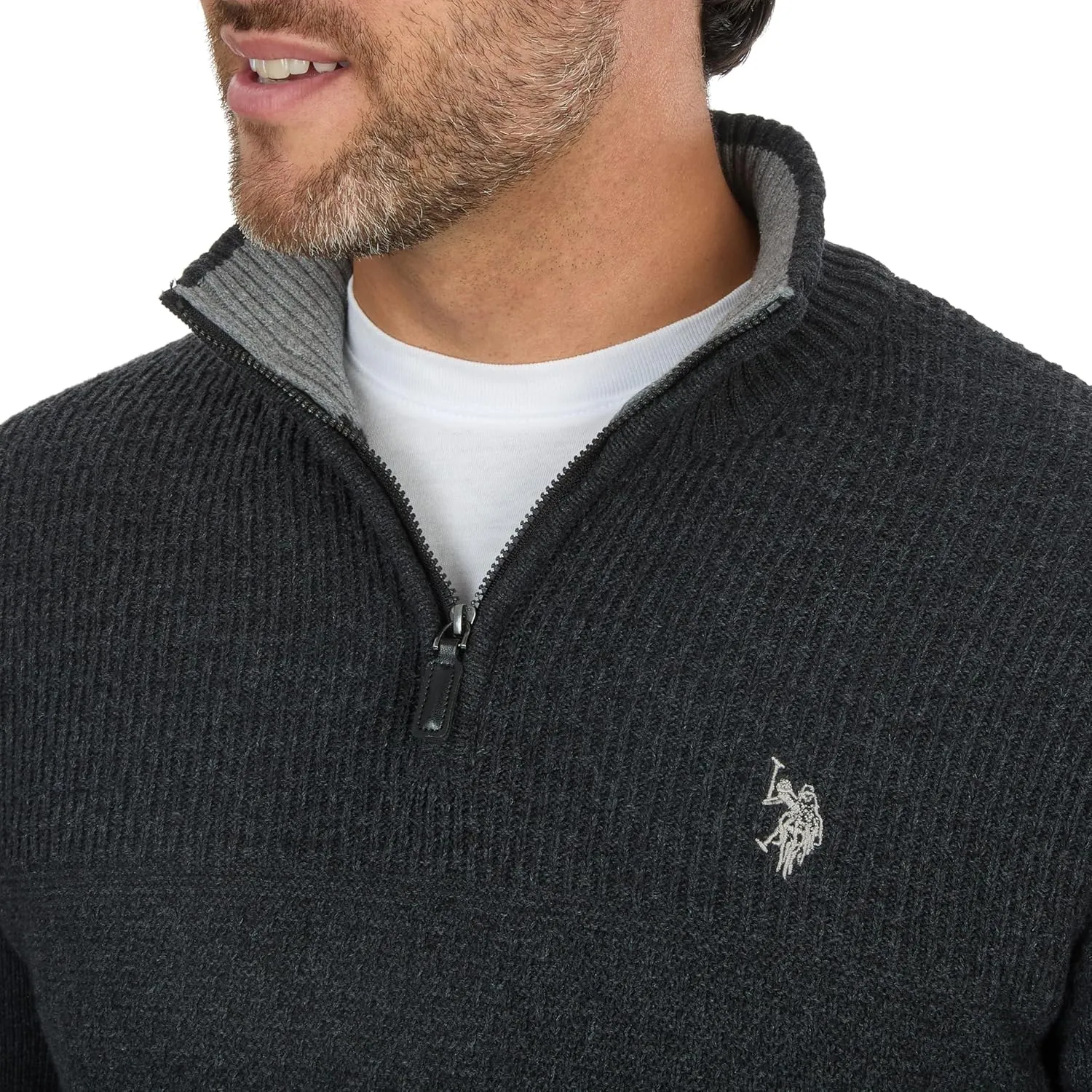 U.S. POLO ASSN. Men's Cable Knit Quarter Zip Textured Ribbed and Collared Pullover Sweater - Classic Solid Color