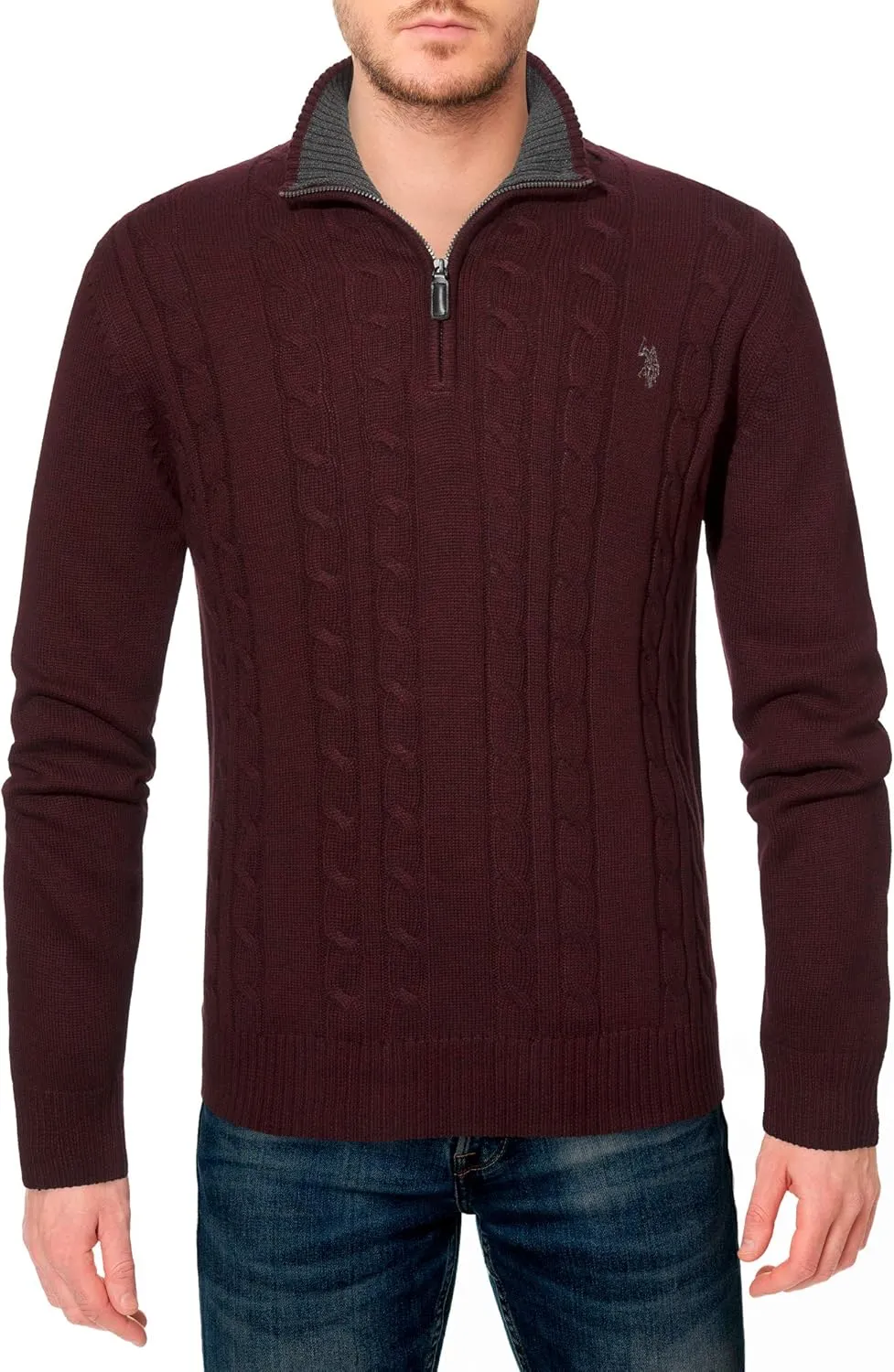 U.S. POLO ASSN. Men's Cable Knit Quarter Zip Textured Ribbed and Collared Pullover Sweater - Classic Solid Color