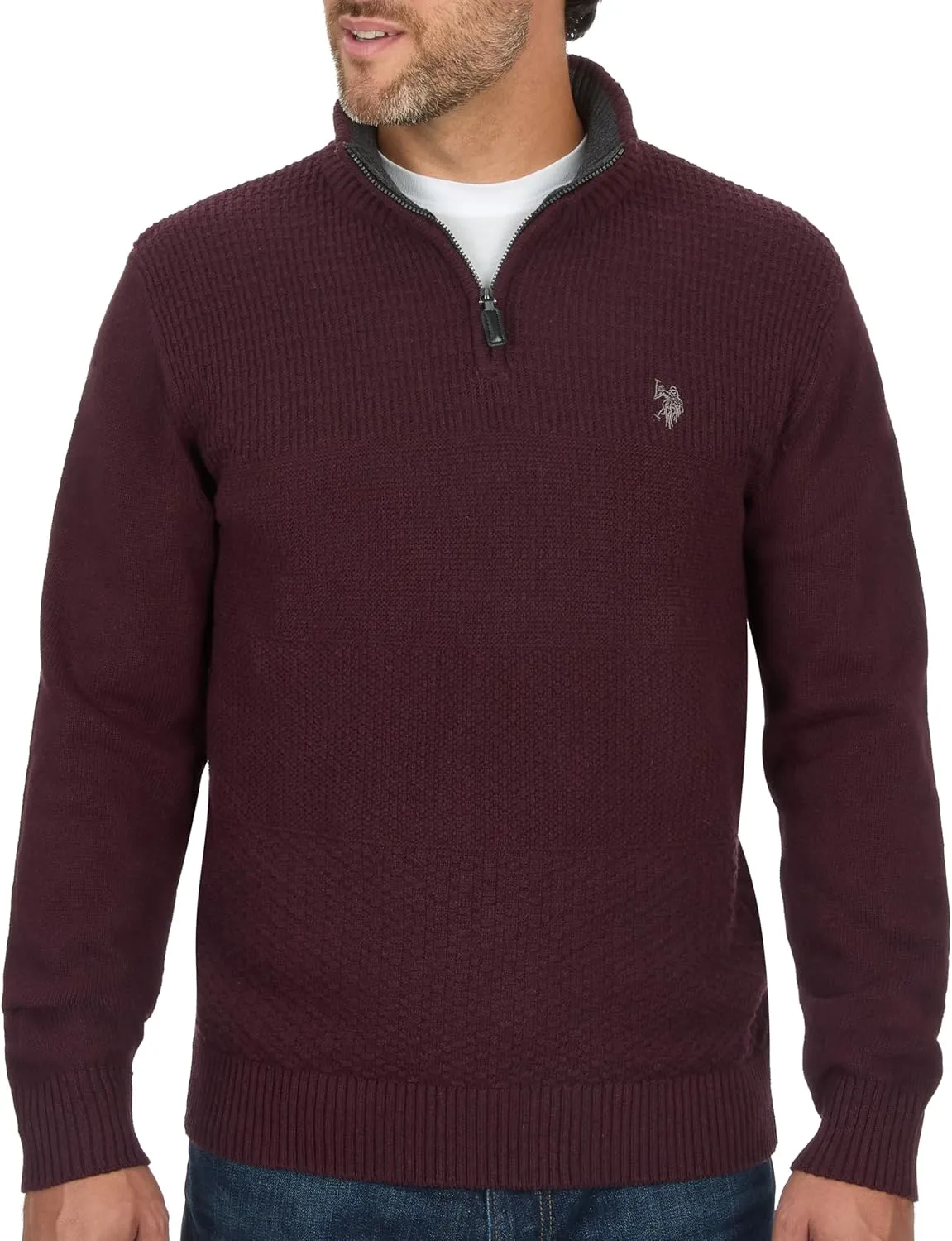 U.S. POLO ASSN. Men's Cable Knit Quarter Zip Textured Ribbed and Collared Pullover Sweater - Classic Solid Color