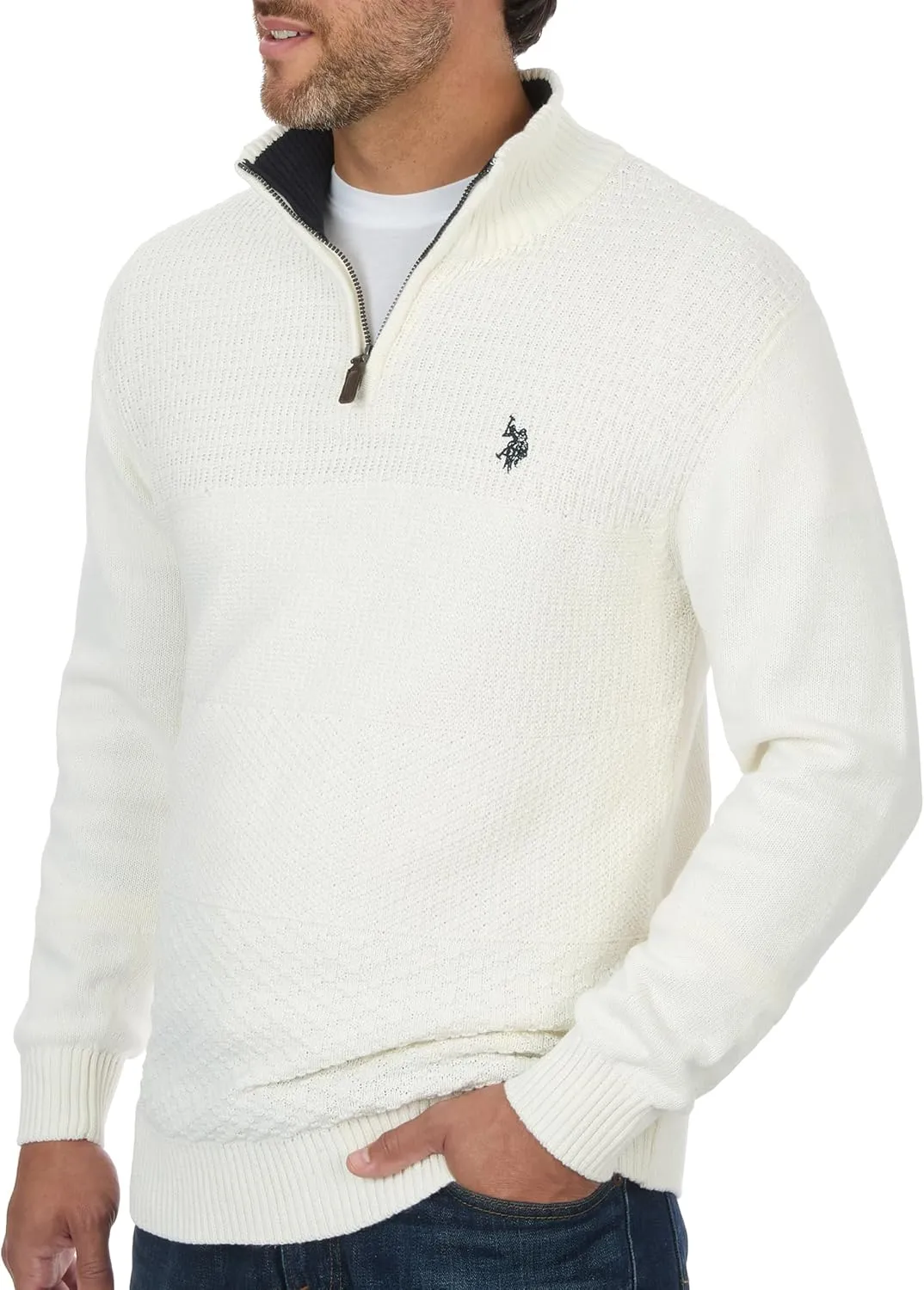 U.S. POLO ASSN. Men's Cable Knit Quarter Zip Textured Ribbed and Collared Pullover Sweater - Classic Solid Color