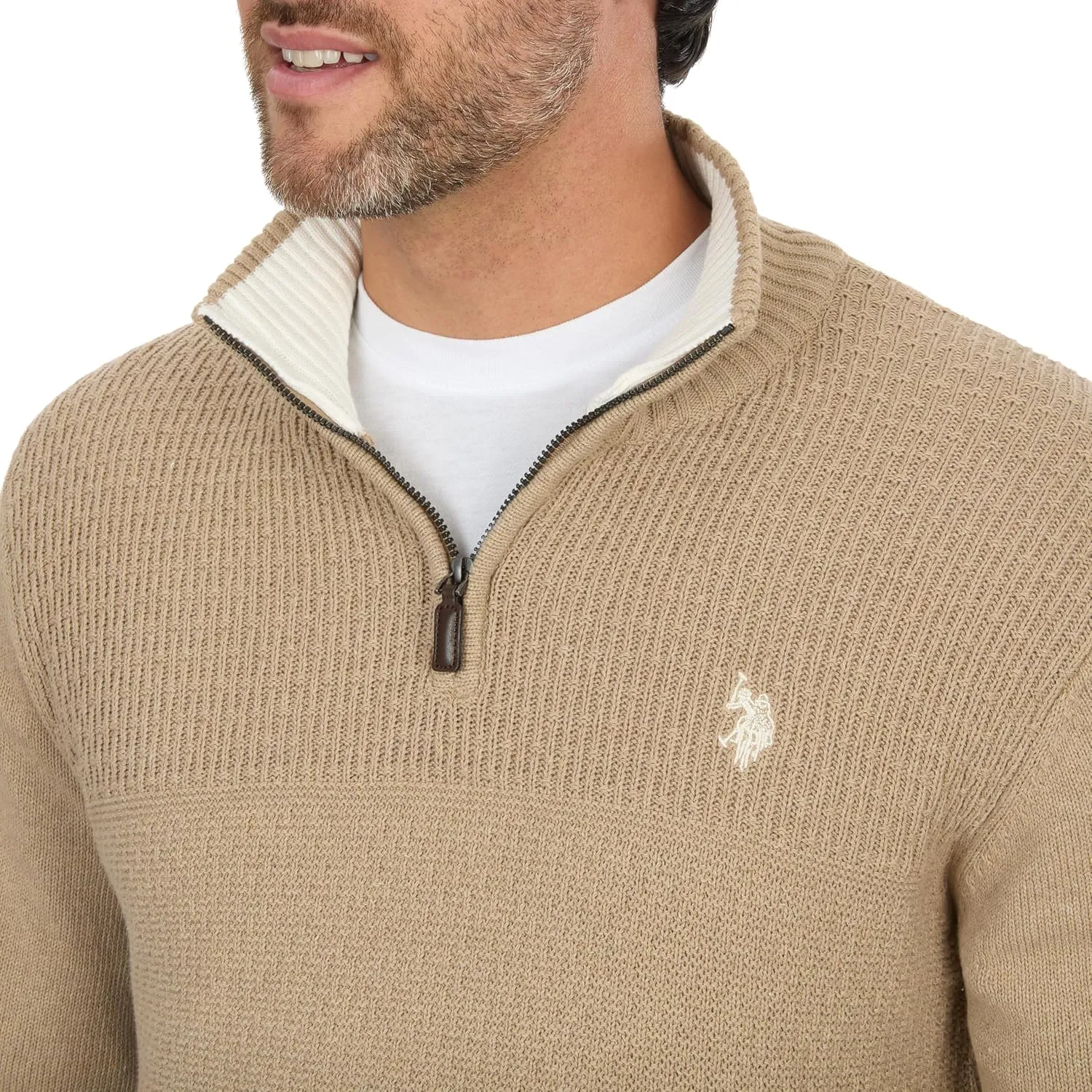 U.S. POLO ASSN. Men's Cable Knit Quarter Zip Textured Ribbed and Collared Pullover Sweater - Classic Solid Color